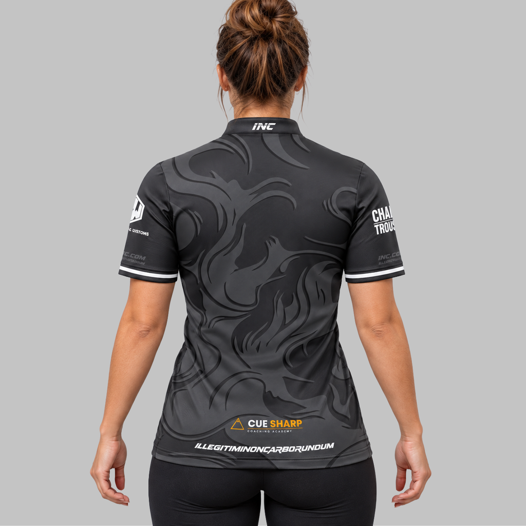 Back view of the Official Cue Sharp Coaching Women's Pool Shirt, displaying the dark charcoal and gold paneling, collar branding, and tailored athletic fit.