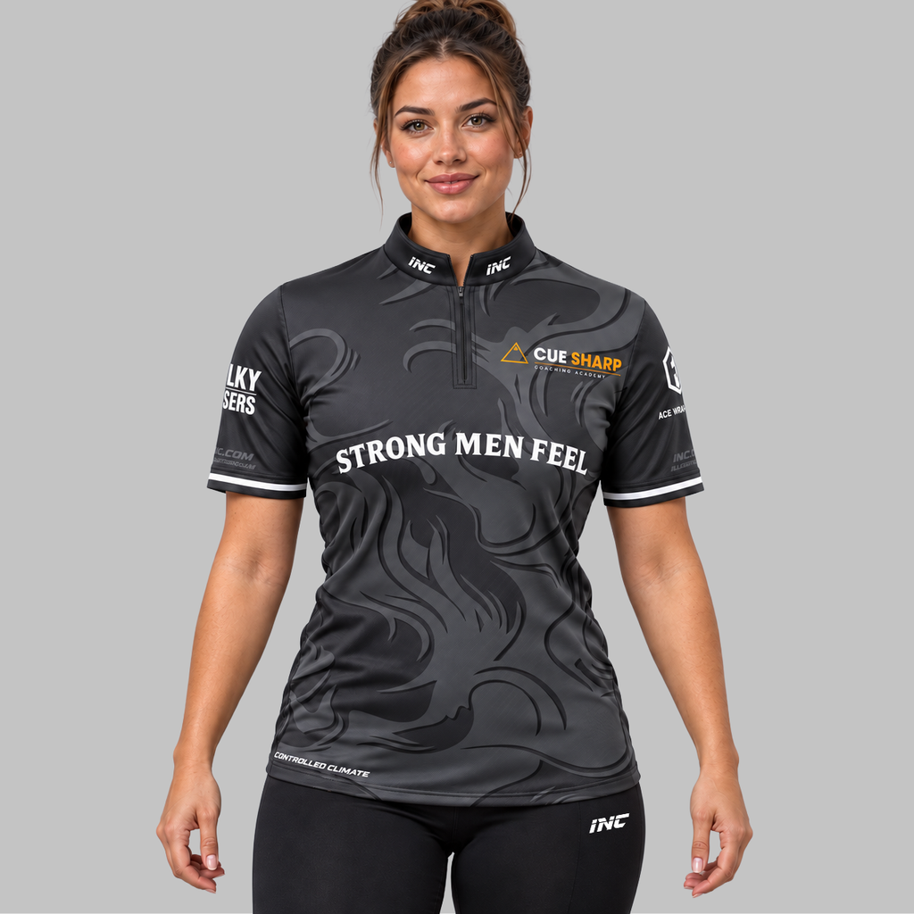 Front view of the Official Cue Sharp Coaching Women's Pool Shirt, featuring dark charcoal and gold accents, official Cue Sharp chest logo, structured zip collar, and Controlled Climate hem detail.