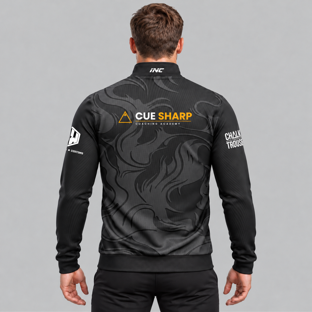 Back view of the Official Cue Sharp Coaching Unisex Quarter Zip Midlayer, showcasing dark charcoal back paneling, athletic stretch seam construction, and subtle collar branding.