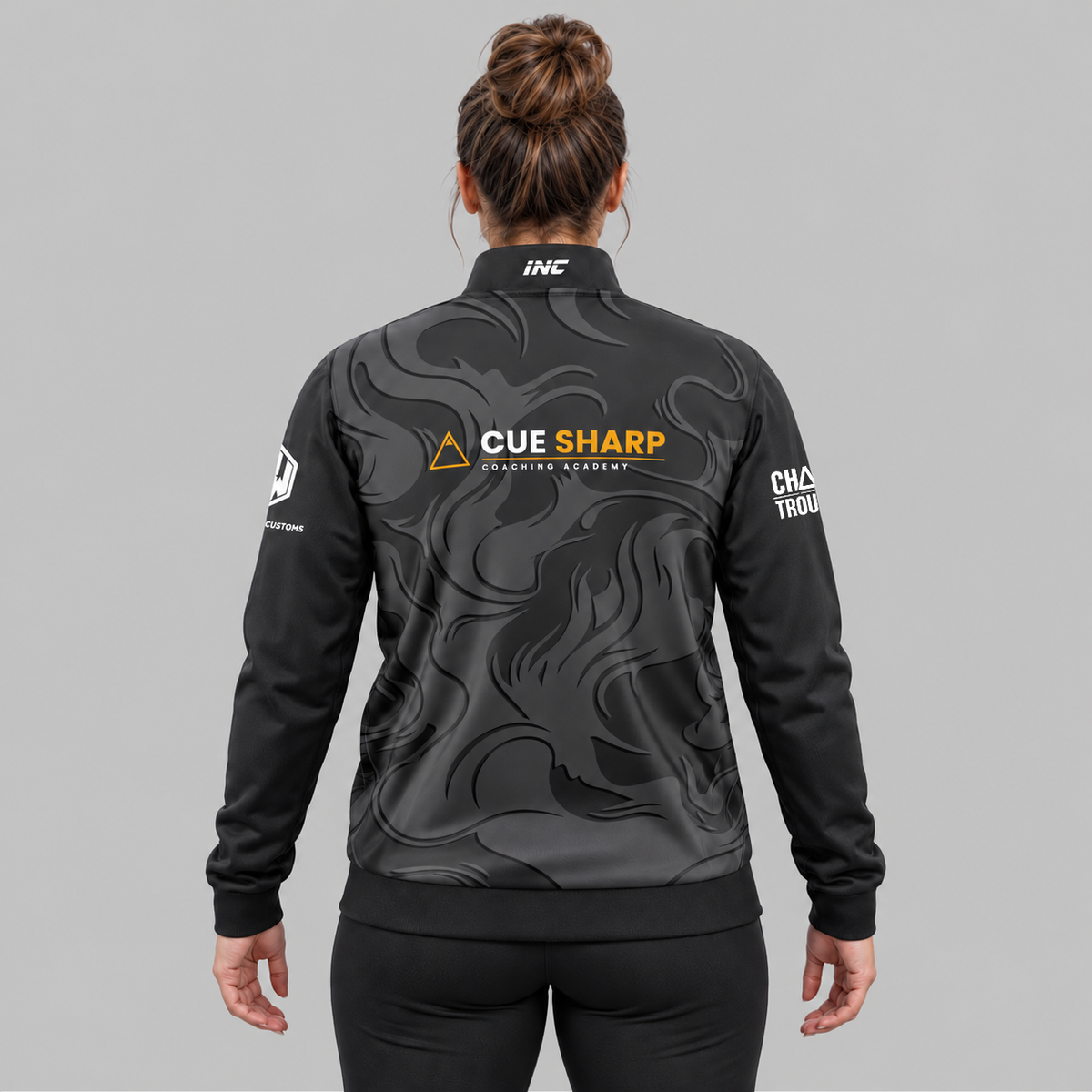 Back view of the Official Cue Sharp Coaching Unisex Tournament Jacket