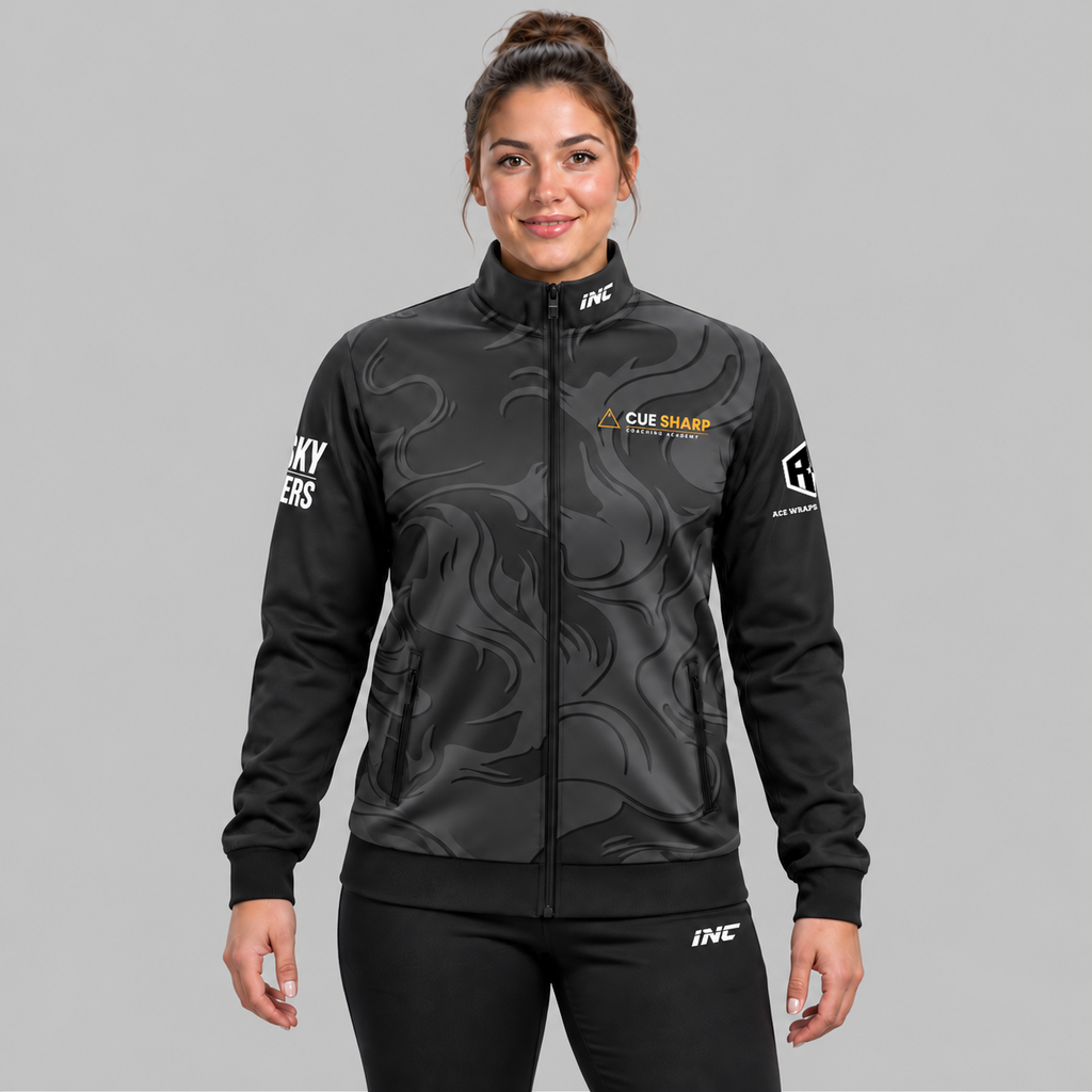 Front view of the Official Cue Sharp Coaching Unisex Tournament Jacket.