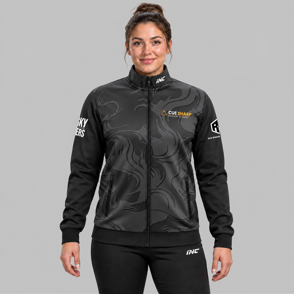 Front view of the Official Cue Sharp Coaching Unisex Tournament Jacket.