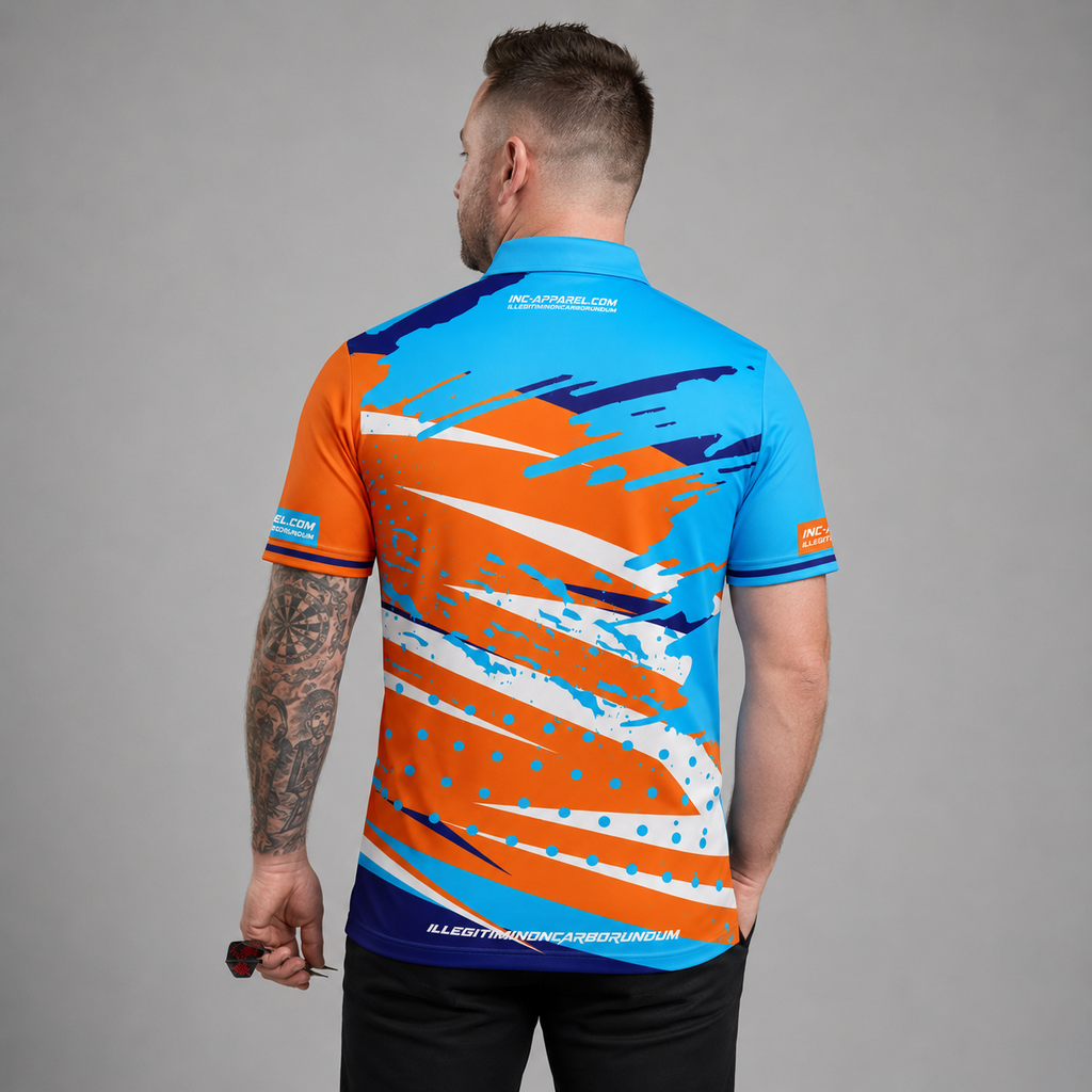 Back view of the Men and Youth Cupio pool and darts shirt, showing the continuation of the vibrant blue and orange graphic patterns.