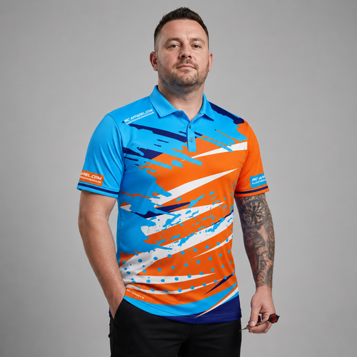 Front view of the Men and Youth Cupio pool and darts shirt, featuring a dynamic blue and orange performance team sublimation design.