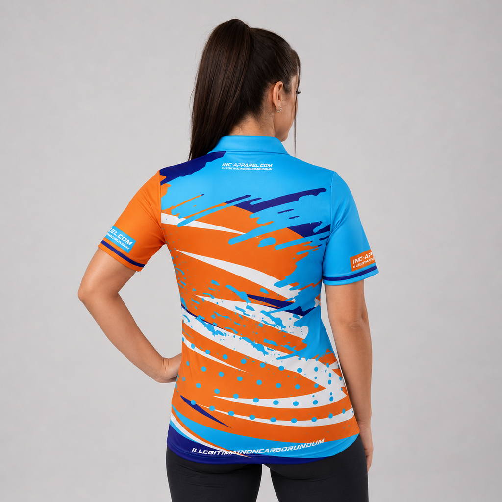 Back view of the Womens Cupio pool and darts shirt, showing the continuation of the vibrant blue and orange graphic patterns.