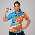 Front view of the Womens Cupio pool and darts shirt, featuring a dynamic blue and orange performance team sublimation design.