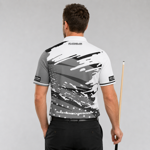 Back view of the Men and Youth Cupio pool and darts shirt, showing the clean continuation of the grey and white graphic patterns.