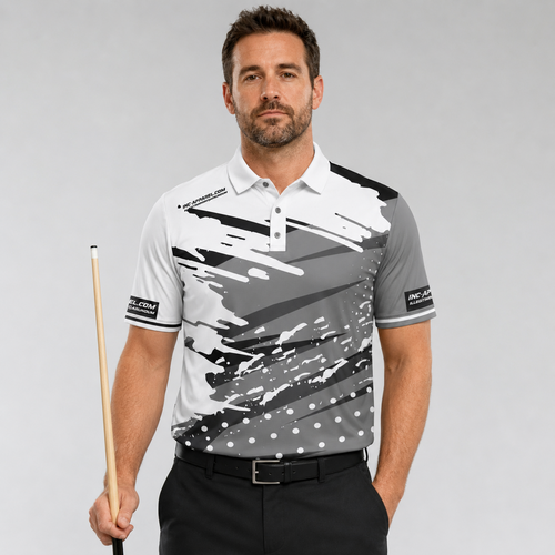 Front view of the Men and Youth Cupio pool and darts shirt, featuring a sleek grey and white performance sublimation design.
