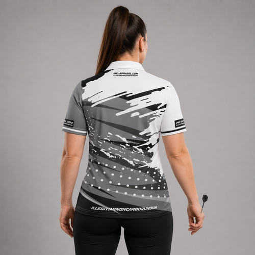 Back view of the Womens Cupio pool and darts shirt, showing the clean continuation of the grey and white graphic patterns.