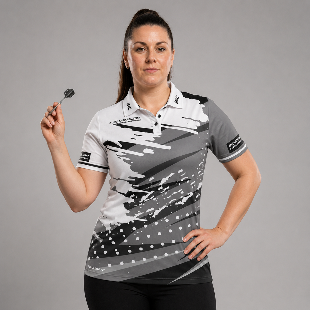Front view of the Womens Cupio pool and darts shirt, featuring a sleek grey and white performance sublimation design.