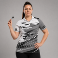 Front view of the Womens Cupio pool and darts shirt, featuring a sleek grey and white performance sublimation design.