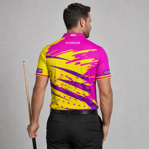 Back view of the Men and Youth Cupio pool and darts shirt, showing the energetic continuation of the pink and yellow graphic patterns.