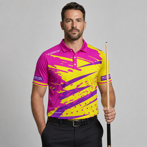 Front view of the Men and Youth Cupio pool and darts shirt, featuring a vibrant pink and yellow performance sublimation design.