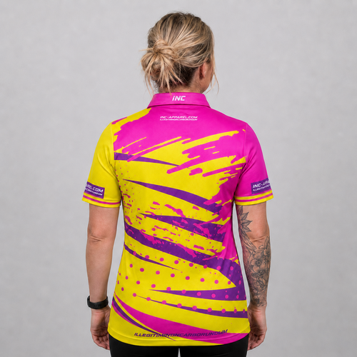 Back view of the Womens Cupio pool and darts shirt, showing the energetic continuation of the pink and yellow graphic patterns.