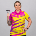 Front view of the Womens Cupio pool and darts shirt, featuring a vibrant pink and yellow performance sublimation design.