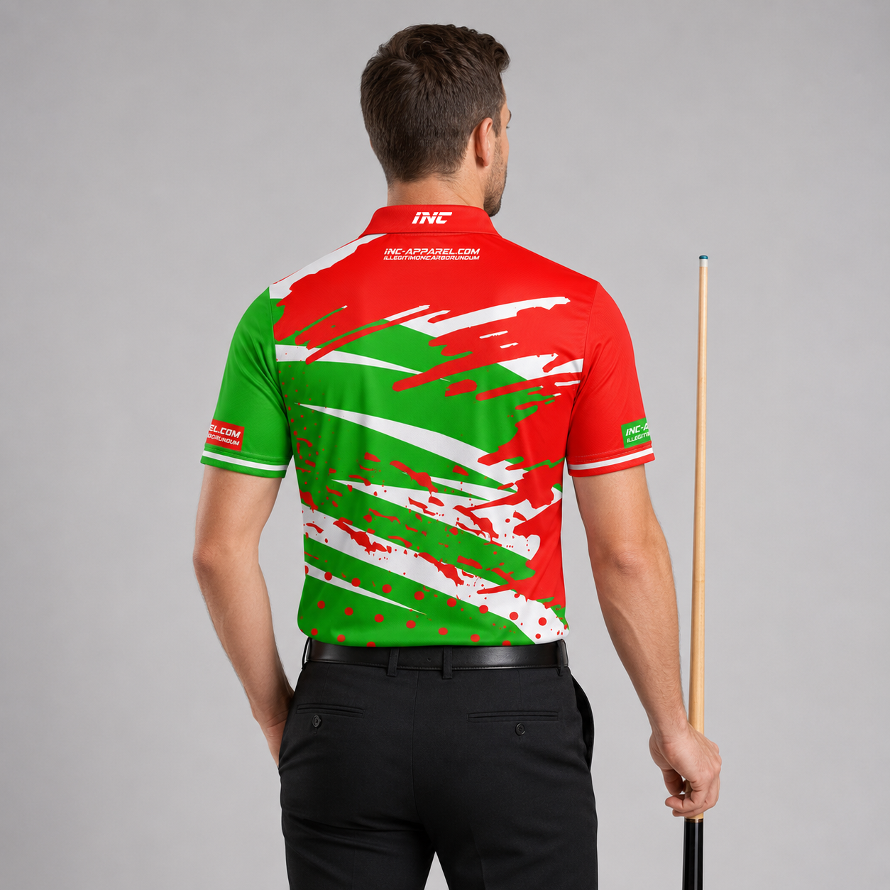 Back view of the Men and Youth Cupio pool and darts shirt, showing the dynamic continuation of the red and green graphic patterns.