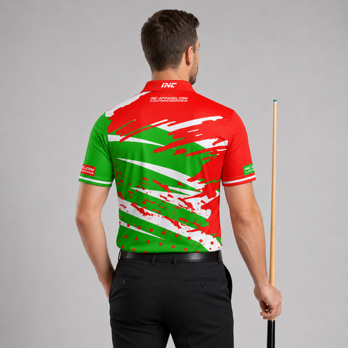 Back view of the Men and Youth Cupio pool and darts shirt, showing the dynamic continuation of the red and green graphic patterns.
