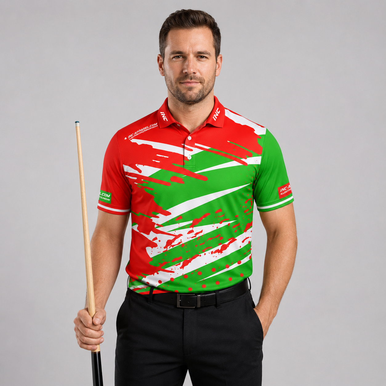 Front view of the Men and Youth Cupio pool and darts shirt, featuring a striking red and green performance sublimation design.