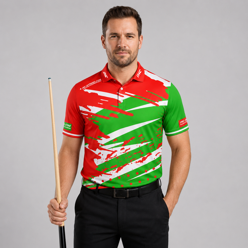 Front view of the Men and Youth Cupio pool and darts shirt, featuring a striking red and green performance sublimation design.