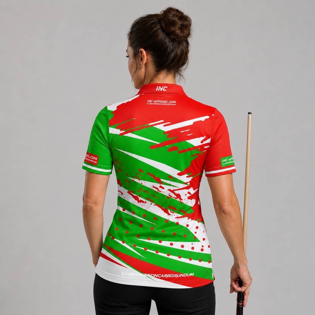 Back view of the Womens Cupio pool and darts shirt, showing the dynamic continuation of the red and green graphic patterns.