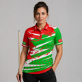 Front view of the Womens Cupio pool and darts shirt, featuring a striking red and green performance sublimation design.