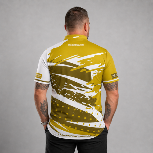Back view of the Men and Youth Cupio pool and darts shirt, showing the clean, elegant continuation of the white and gold graphic patterns.
