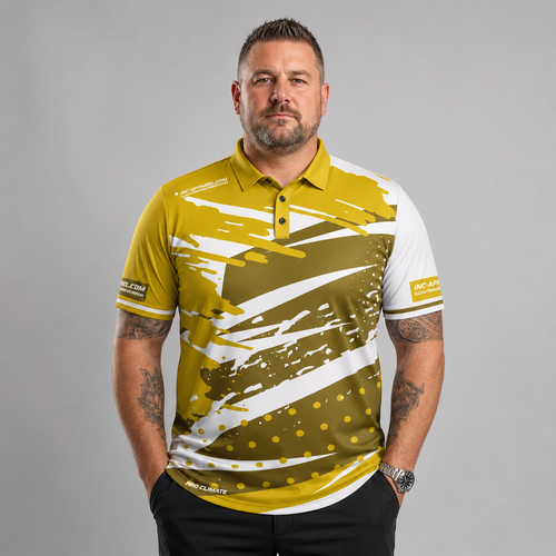 Front view of the Men and Youth Cupio pool and darts shirt, featuring a premium white and gold performance sublimation design.