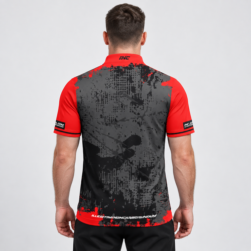 Back view of the Daemon Men and Youth Red and Black Darts Shirt, highlighting the breathable rear paneling and flexible shoulder construction for unrestricted movement.