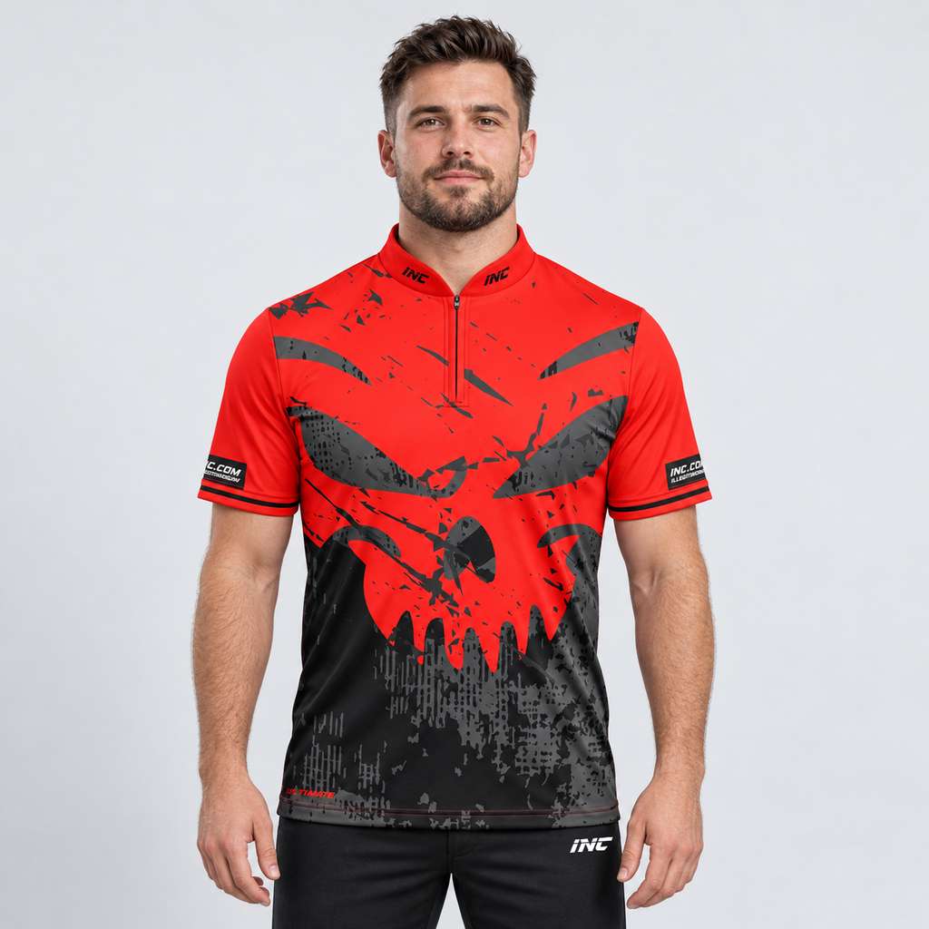 Front view of the Daemon Men and Youth Red and Black Darts Shirt, showcasing the bold contrast panel design, modern cut, and structured collar.
