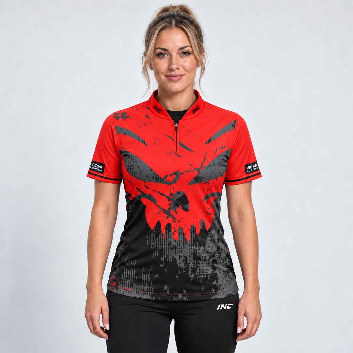 Front view of the Daemon Women's Red and Black Darts Shirt, showcasing the bold contrast panel design, tailored feminine silhouette, and sleek collar.