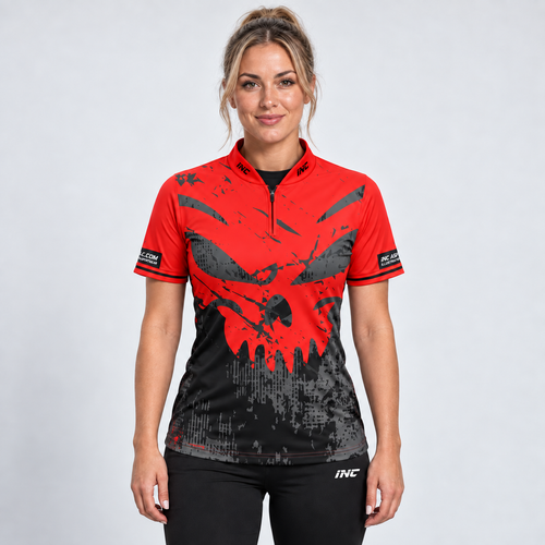 Front view of the Daemon Women's Red and Black Darts Shirt, showcasing the bold contrast panel design, tailored feminine silhouette, and sleek collar.