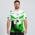 Front view of the Daemon Men and Youth White and Black Darts Shirt, showcasing the bold contrast panel design, modern cut, and structured collar.