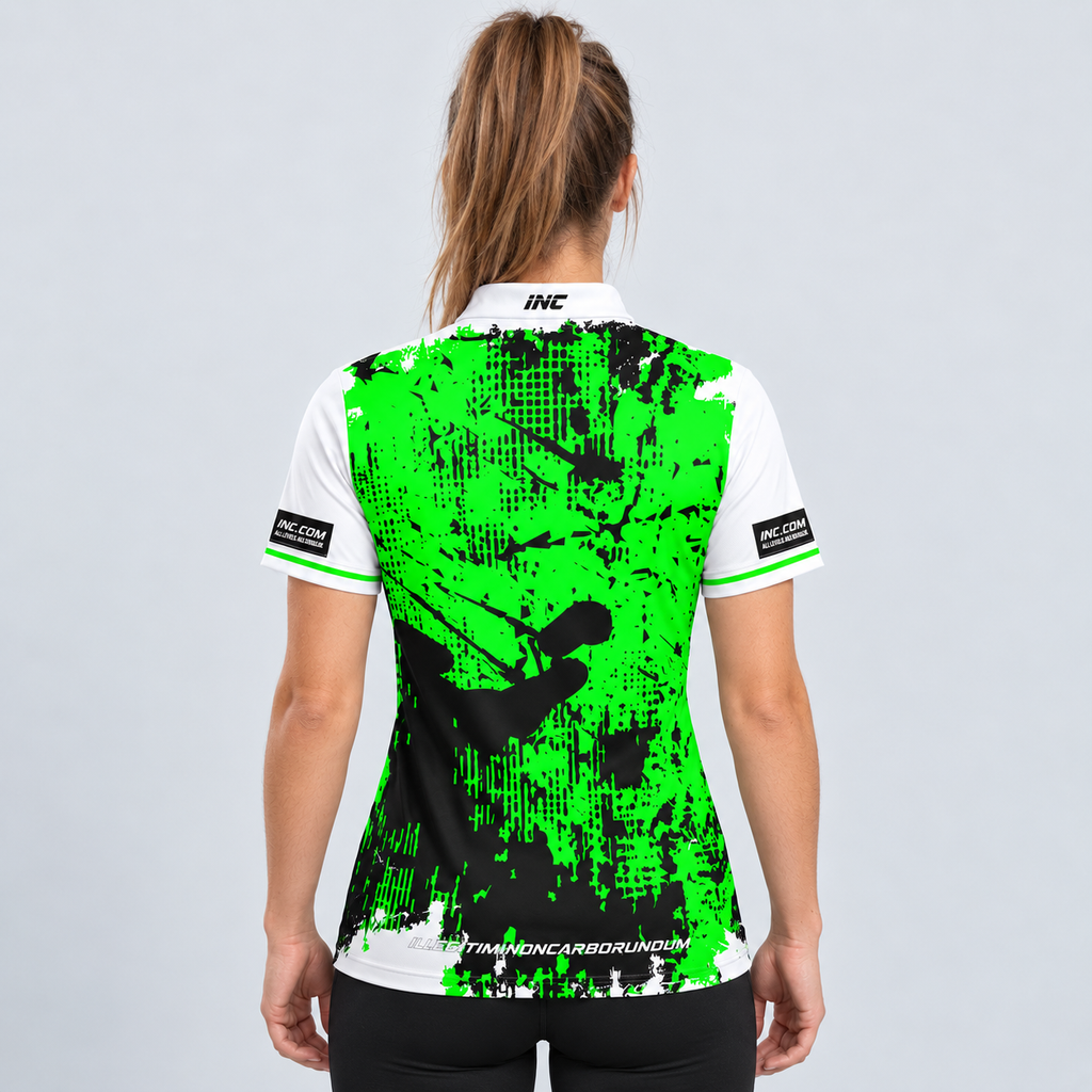 Back view of the Daemon Women's White and Black Darts Shirt, highlighting the breathable contoured back paneling and flexible shoulder construction.