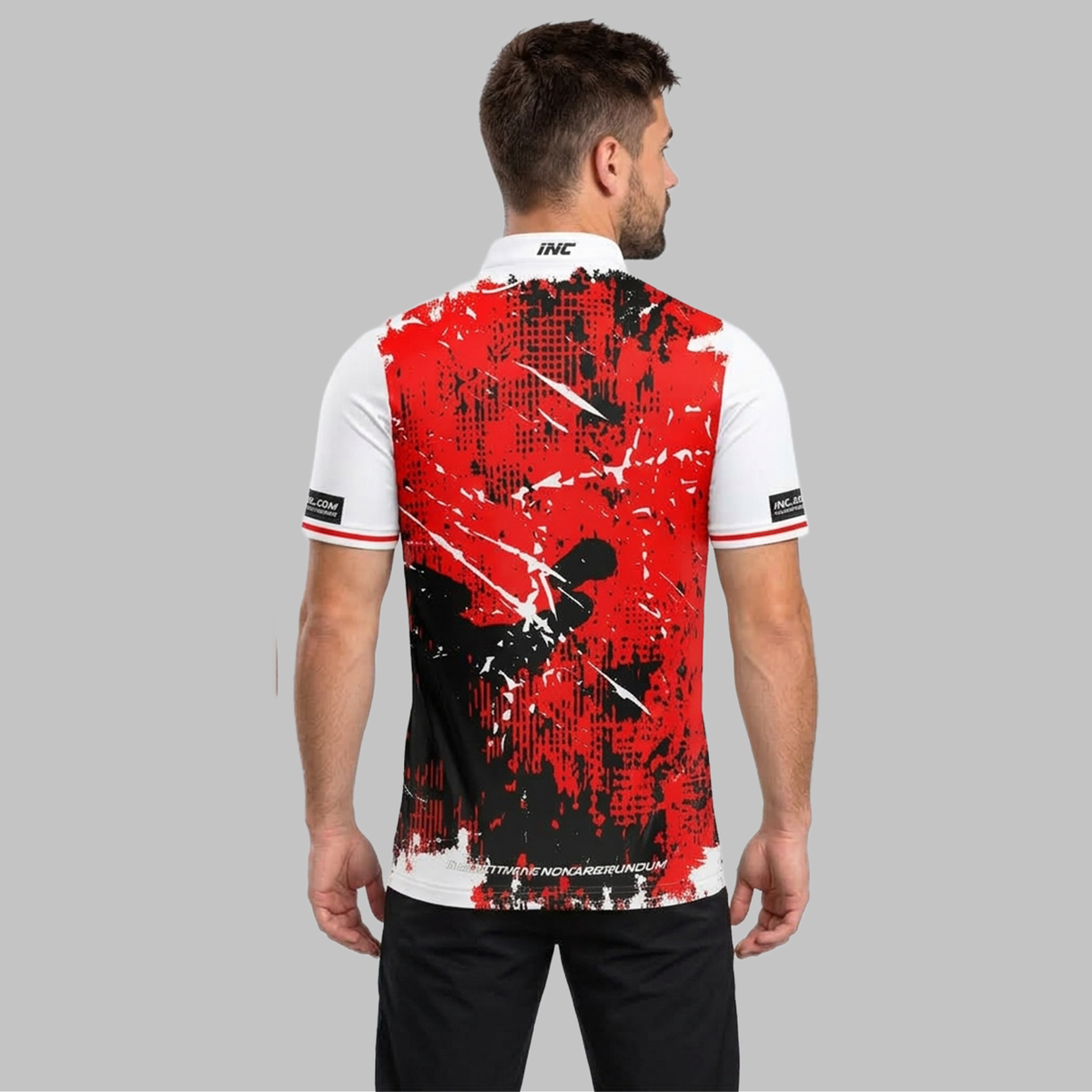 Back view of the Daemon Men and Youth White and Red Darts Shirt, highlighting the breathable rear paneling and flexible shoulder construction for unrestricted movement.