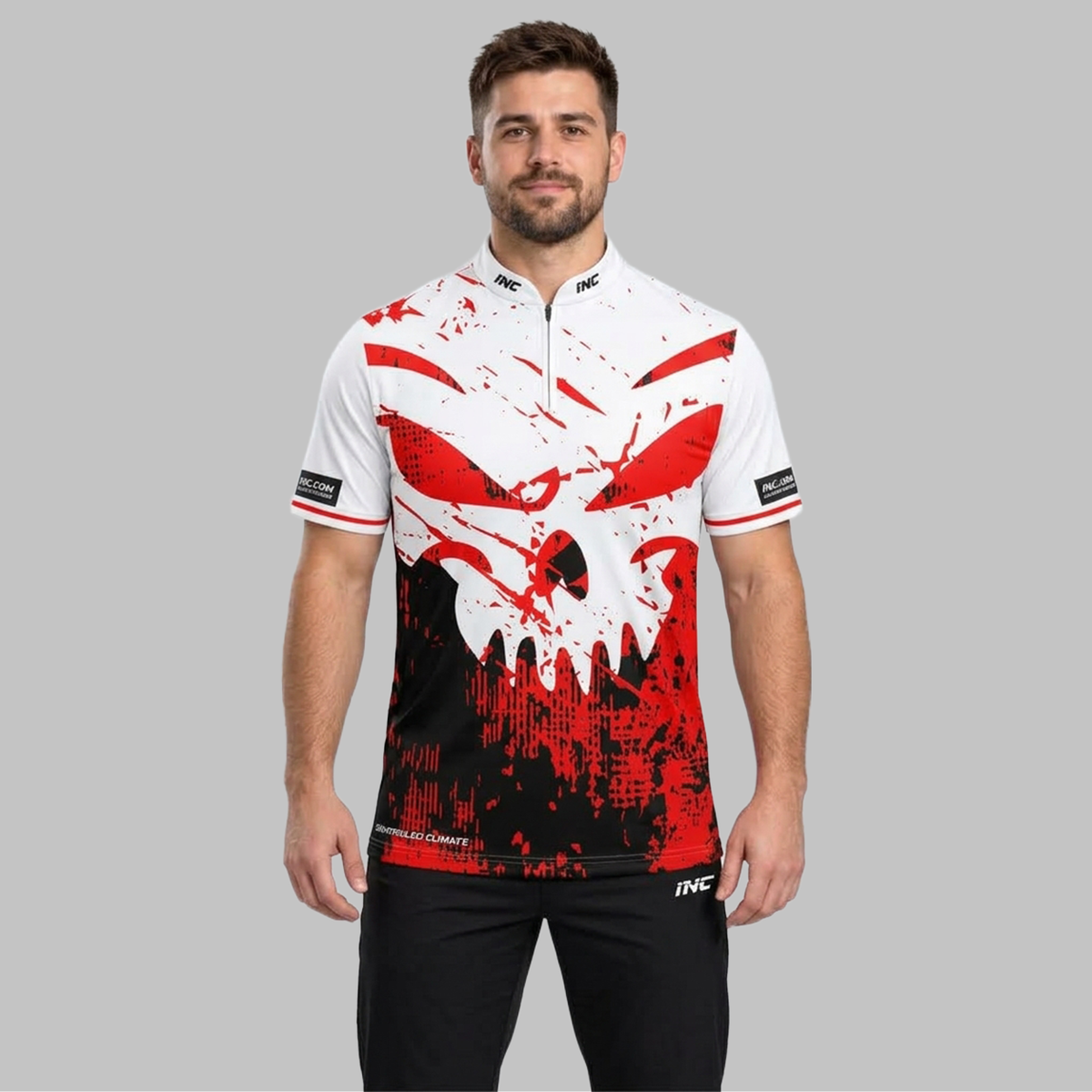 Front view of the Daemon Men and Youth White and Red Darts Shirt, showcasing the bold contrast panel design, modern cut, and structured collar.