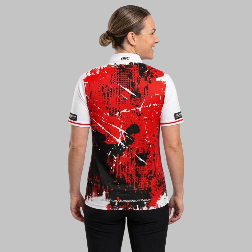 Back view of the Daemon Women's White and Red Darts Shirt, highlighting the breathable contoured back paneling and flexible shoulder construction.