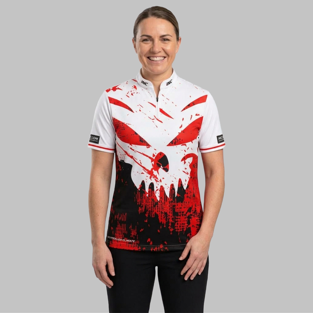 Front view of the Daemon Women's White and Red Darts Shirt, showcasing the bold contrast panel design, tailored feminine silhouette, and sleek collar.