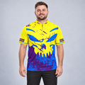 Front view of the Daemon Men and Youth Yellow and Purple Darts Shirt, showcasing the bold contrast panel design, modern cut, and structured collar.