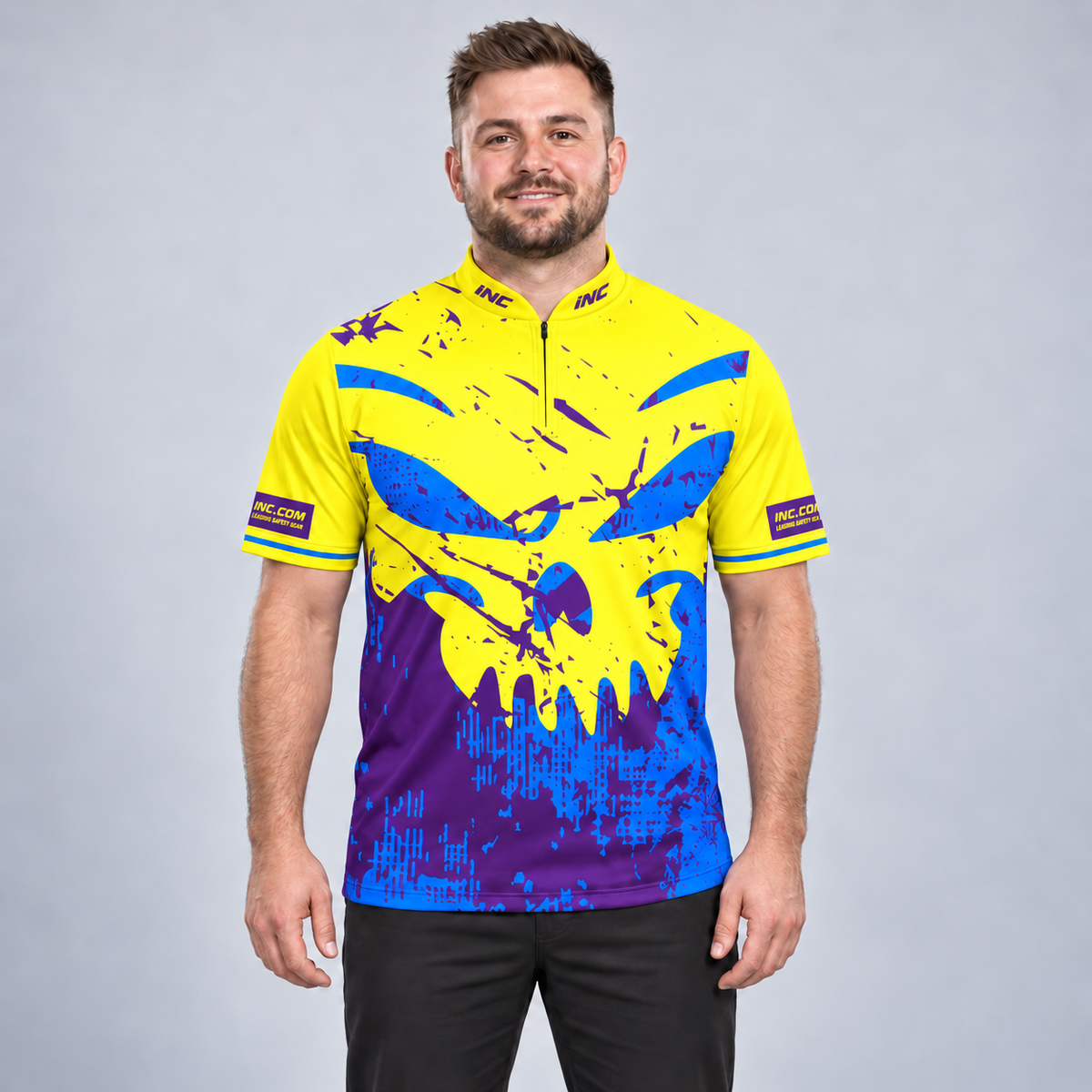 Front view of the Daemon Men and Youth Yellow and Purple Darts Shirt, showcasing the bold contrast panel design, modern cut, and structured collar.