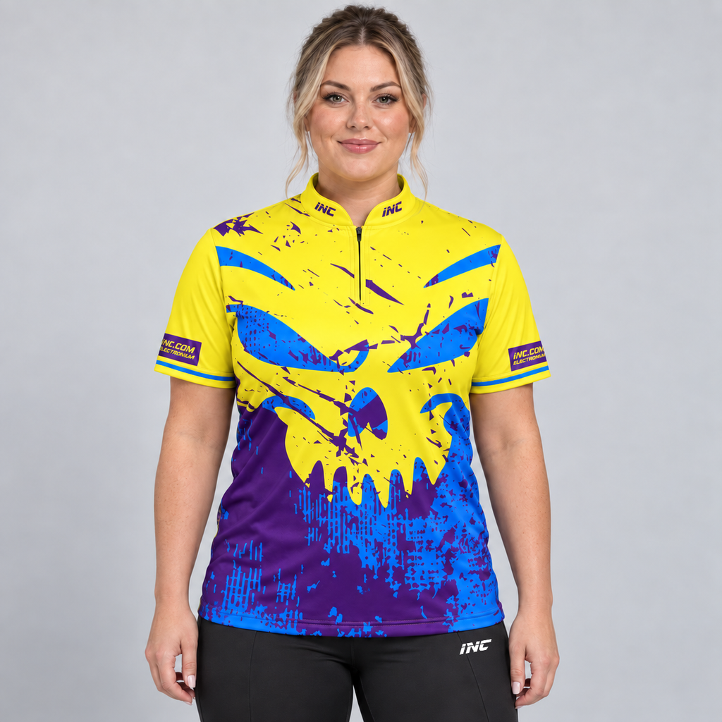Front view of the Daemon Women's Yellow and Purple Darts Shirt, showcasing the bold contrast panel design, tailored feminine silhouette, and sleek collar.