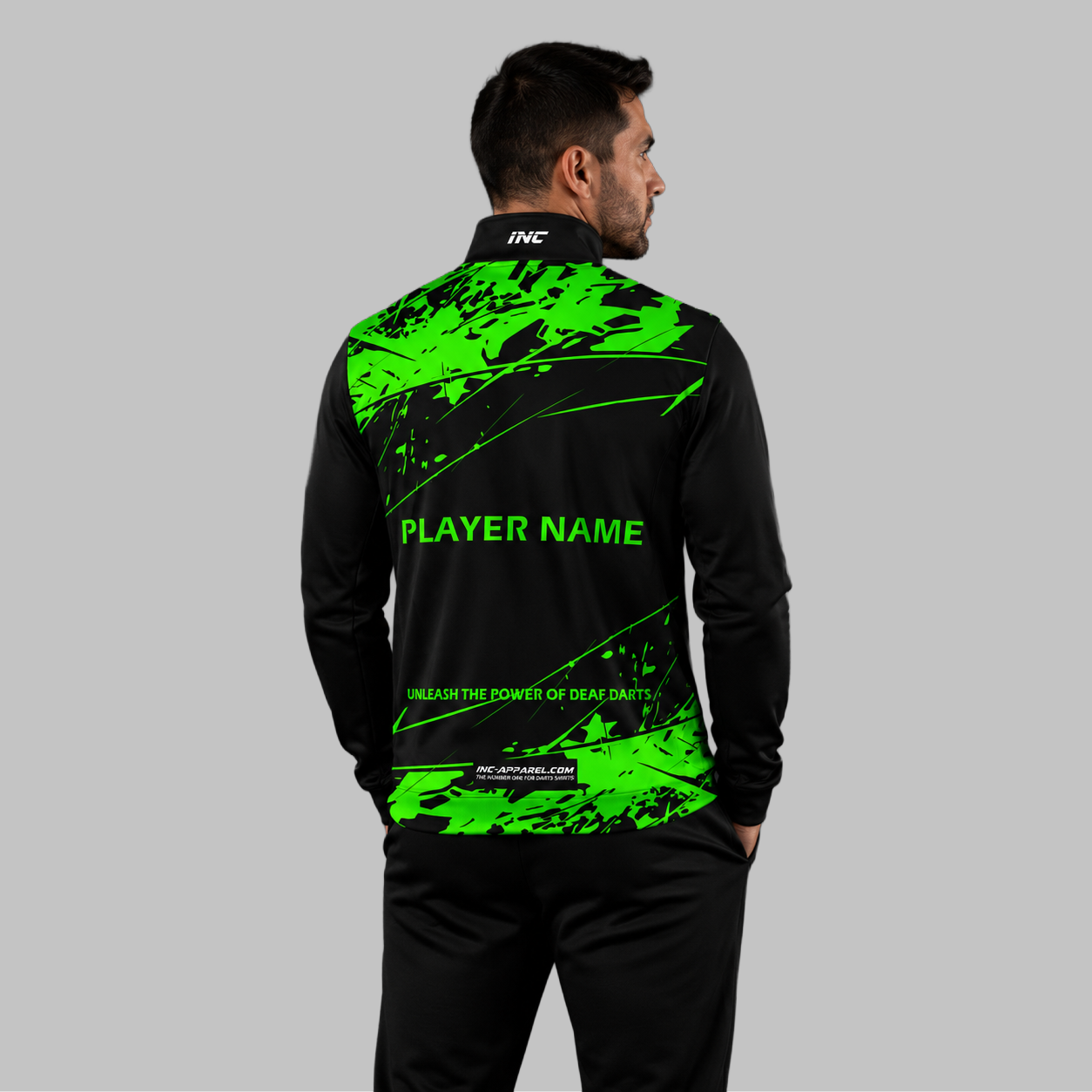 Back view of the unisex Official Deaf Darts Organisation Green Tournament Jacket, showing the clean athletic panels and comfortable outer-shell design across the shoulders.