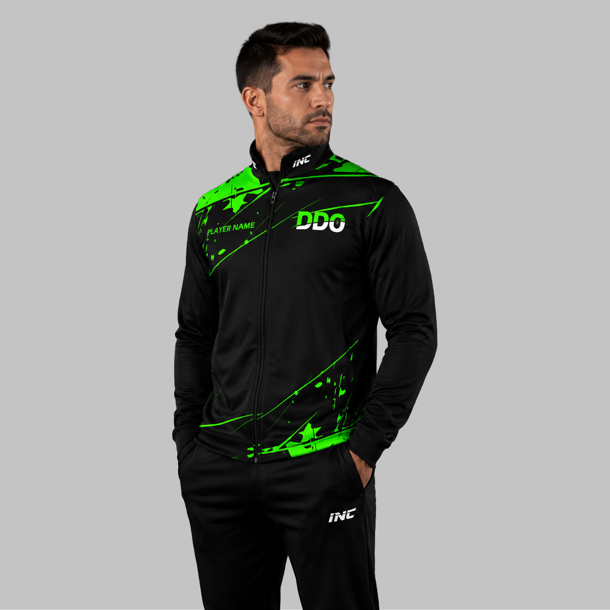 Front view of the unisex Official Deaf Darts Organisation Green Tournament Jacket, highlighting the sleek full-zip design, athletic collar, and prominent DDO branding.