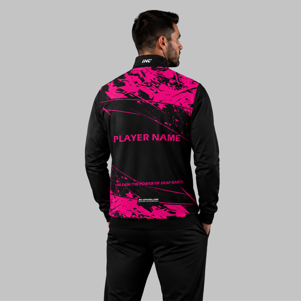 ack view of the unisex Official Deaf Darts Organisation Pink Tournament Jacket, showing the clean athletic panels and comfortable outer-shell design across the shoulders.