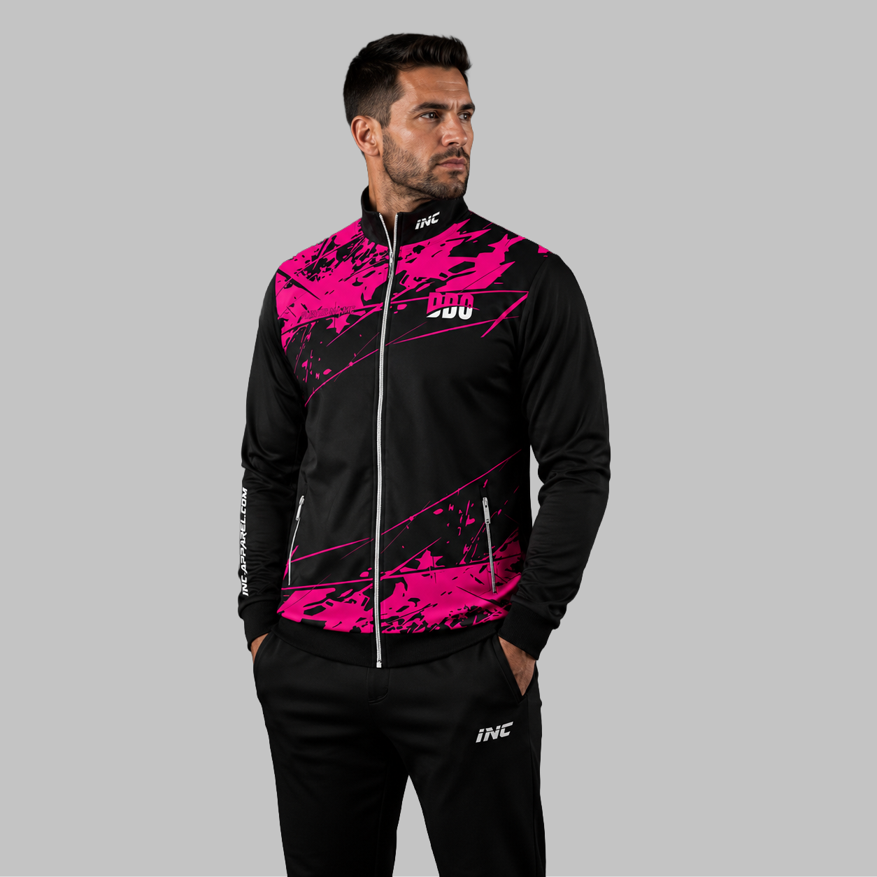 Front view of the unisex Official Deaf Darts Organisation Pink Tournament Jacket, highlighting the sleek full-zip design, athletic collar, and prominent DDO branding.
