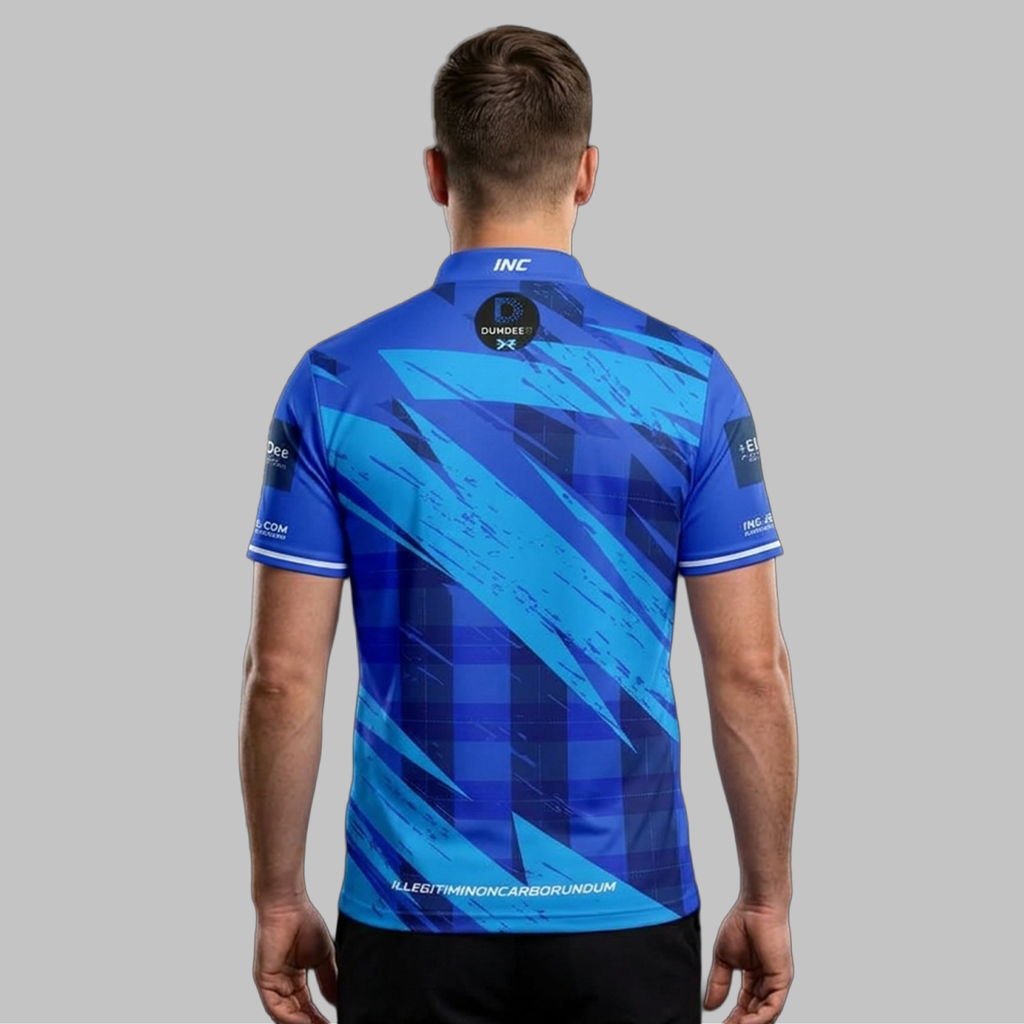 Back view of the Official Dundee Darts Academy Men's and Youth Friday Night Shirt, highlighting the navy and royal blue pattern, upper collar branding