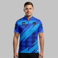 Front view of the Official Dundee Darts Academy Men's and Youth Friday Night Shirt, featuring the blue patterned print, Dundee Darts Academy chest crest, EDee sponsor logo, zip collar, and Controlled Climate hem logo.