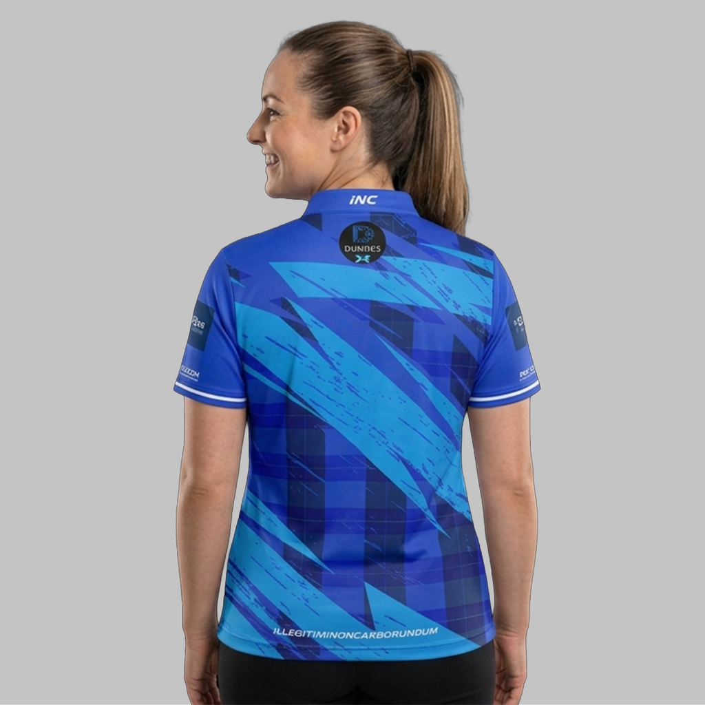 Back view of the Official Dundee Darts Academy Women's Friday Night Shirt, displaying the navy and royal blue pattern, collar branding