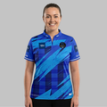 Front view of the Official Dundee Darts Academy Women's Friday Night Shirt, featuring the blue patterned print, Dundee Darts Academy chest crest, EDee sponsor logo, structured collar, and Controlled Climate hem detail.