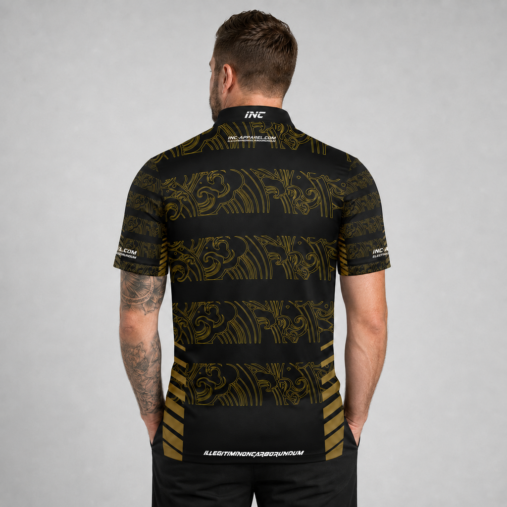Back view of the Men and Youth Elegantia darts and pool shirt, showing the clean continuation of the sleek black and gold patterns.