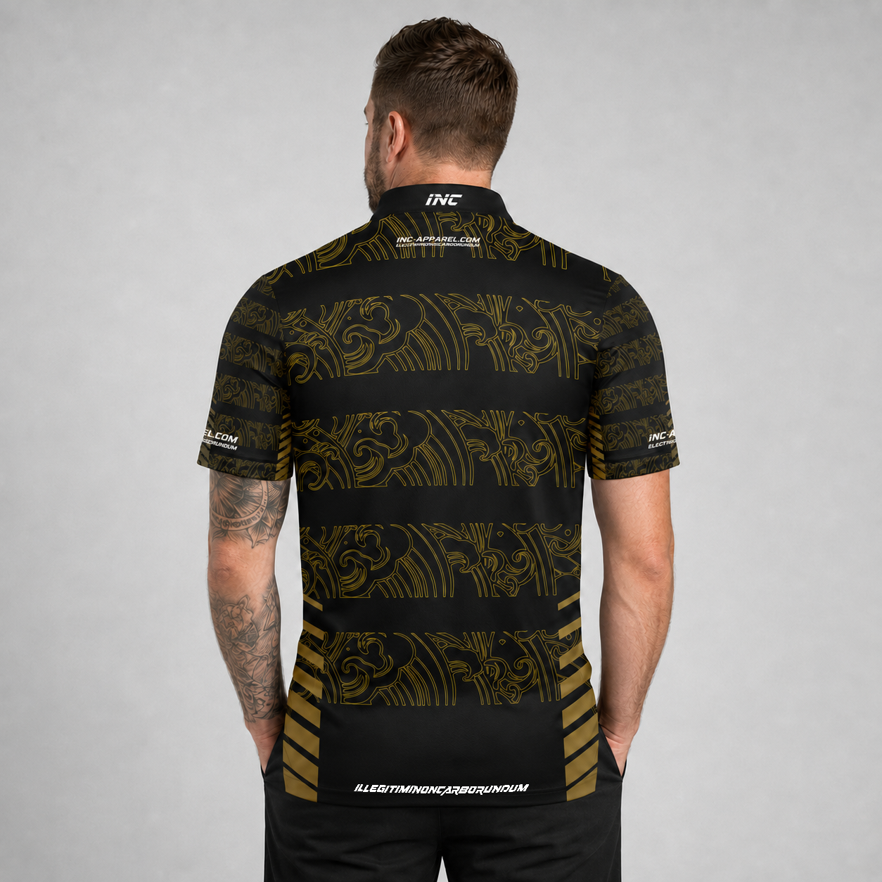 Back view of the Men and Youth Elegantia darts and pool shirt, showing the clean continuation of the sleek black and gold patterns.